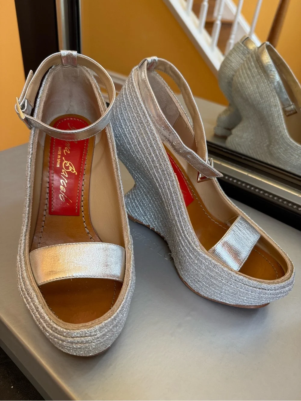 Paloma Barceló Metallic Silver Platform Peep-Toe Sandals with Ankle Strap
